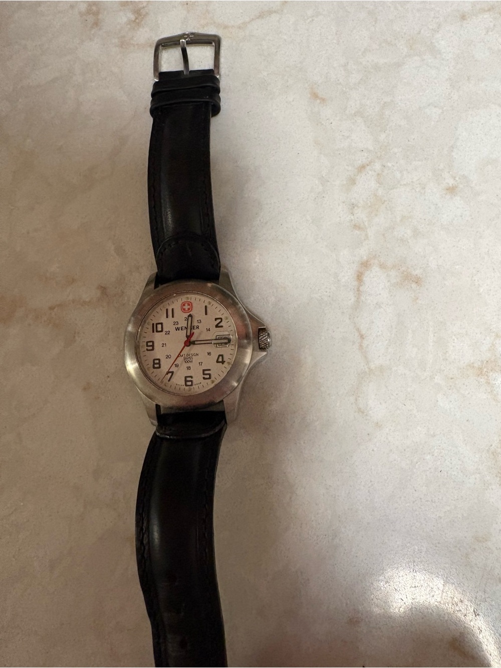 Wenger Men's Black Strap Watch with White Dial and Red Accent